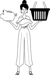 The daughter is holding a hoggish glut partake save bank and a stigmatize handcart . bootleg and white analogue stylus. Trendy style, Vector Illustration