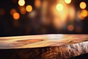 Wooden table with blurred background of evening light or sunset  warm and cozy