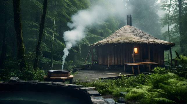 Une cabane dans les bois avec un jacuzzi.