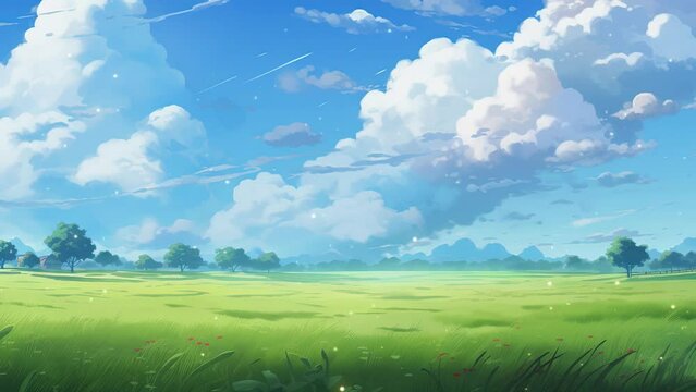 Beautiful landscape with clouds and sky. Cartoon or anime watercolor painting illustration style. seamless looping virtual vertical video animation background.