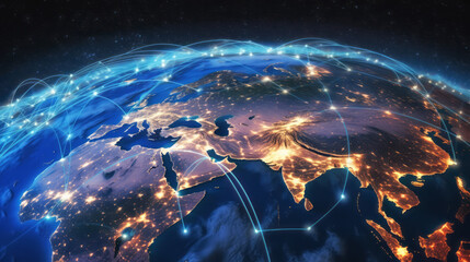 Planet Earth at night seen from space showing Asia, Europe, Northern Africa and the Middle East connected to the rest of the world, global community concept illustration. - 626920863