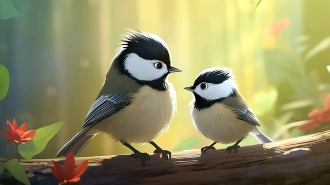 Illustration Two birds are standing on a tree branch one has a red flower on the side
