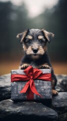 Dog with a gift. A touching and joyful gift concept. Generative AI