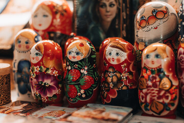 Hand painted famous Russia wooden doll Matryoshka. Females cartoon faces with red lipstick and rosy cheeks. Traditional souvenir
