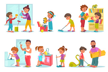 Family housework. Cute children help their parents clean up home. Mom and son cleaning windows. Dad and son vacuuming. Baby folding toys. Housekeeper activities. Splendid vector set
