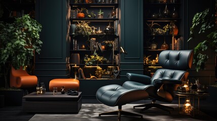 Fototapeta na wymiar Modern interior design for home, office, interior details, upholstered furniture against the background of a dark classic wall. AI Generative