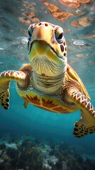 sea turtle with a group of colorful fish and colorful corals underwater in the ocean, underwater world in the ocean.