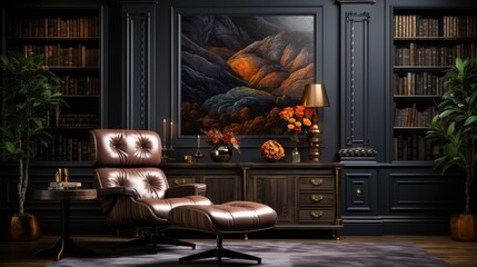 Modern interior design for home, office, interior details, upholstered furniture against the background of a dark classic wall. AI Generative