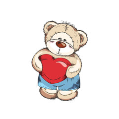 Funny cute Teddy bear toy with heart, sketch vector illustration isolated.