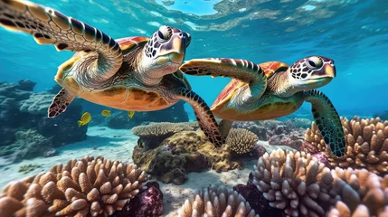 Fototapeten sea turtle with a group of colorful fish and colorful corals underwater in the ocean, underwater world in the ocean. © AndErsoN