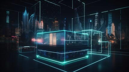 View of a futuristic city with modern buildings from an indoor perspective for a unique design
