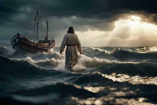 Realistic picture of Jesus walking on water in storm, created with Generative AI technology