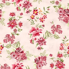 Tuinposter Watercolor flowers pattern, red tropical elements, green leaves, pink background, seamless © Leticia Back