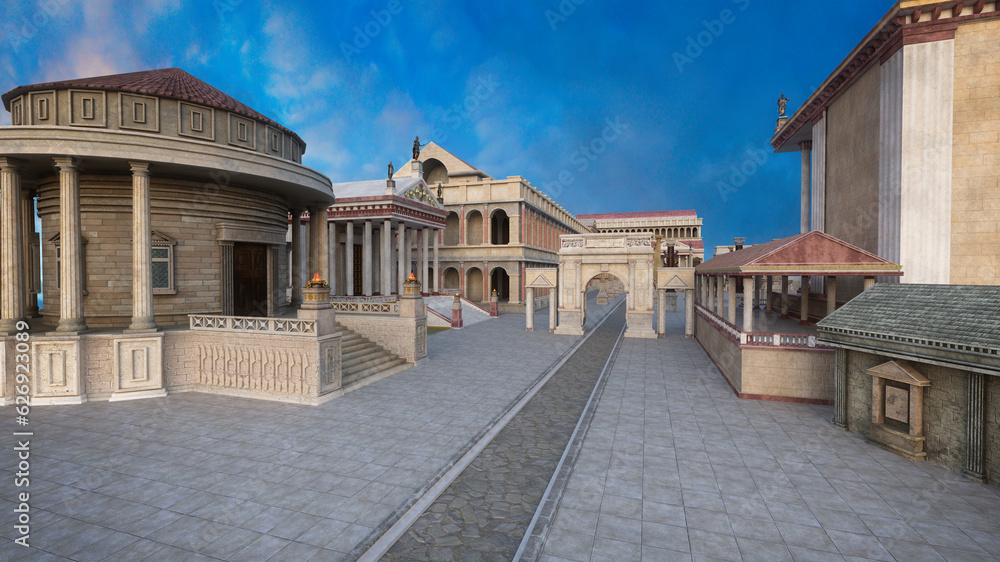 Aufkleber ancient roman city buildings with stone columns and statues. 3d rendering.