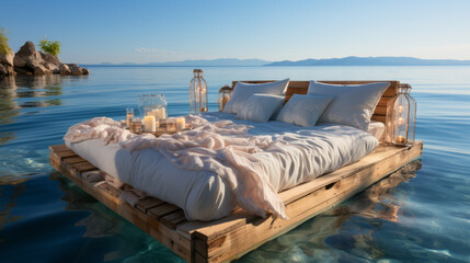Double bed floating in middle of water, elegant bed linen, blue tropical sea all around , vacations or honeymoon concept - Powered by Adobe