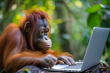 Fototapeta premium Smart Orangutan ape working on a laptop computer