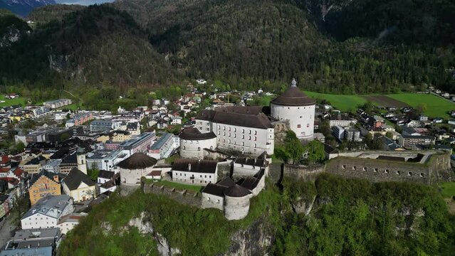 Aerial view of Kufstein town with medieval Castle fortress in Tyrol, Austria, Alps mountains, 4k