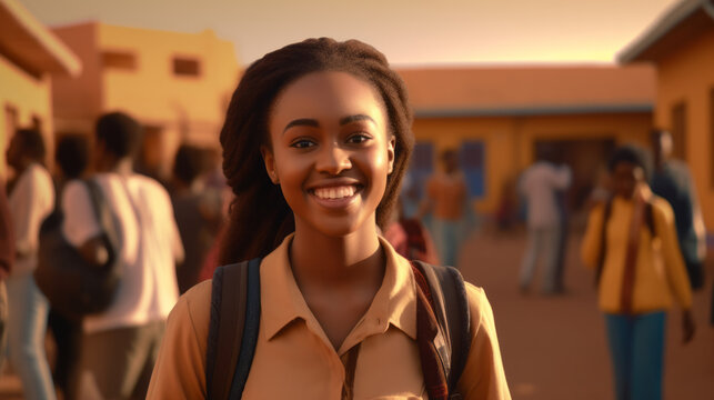 African Girl High School Student At School In Africa On Sunny Day