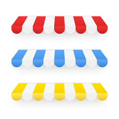 Red, yellow, blue shop sunshade isolated on white background. Realistic striped cafe awning. Outdoor market tent. Roof canopy. Summer street store. Design Elements Set. Vector illustration