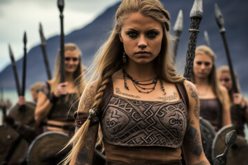 Fototapeta na wymiar Vikings female warriors portrait with ladies with tattoos and spires weapons