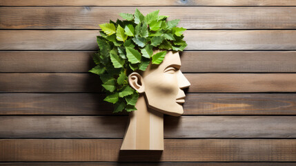 Head covered with eco green leaves representing ecological mindset concept - obrazy, fototapety, plakaty