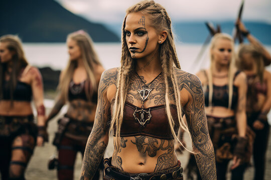 Vikings female warriors portrait with ladies with tattoos and spires weapons