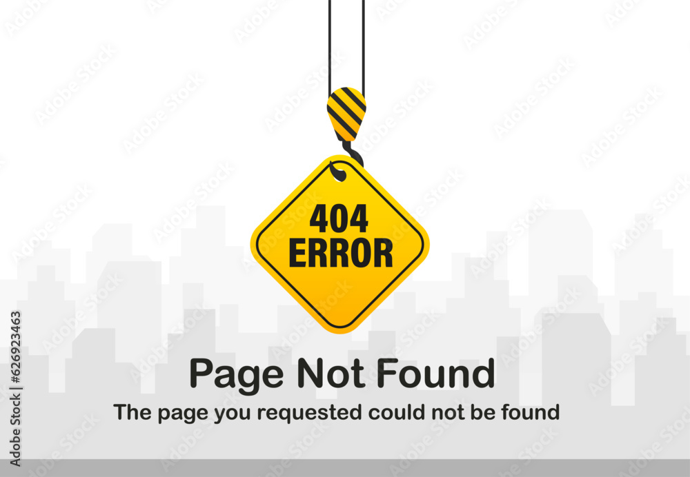 Poster error 404 page not found template with crane hook on the background of the city. vector illustration
