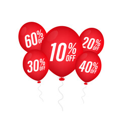 Discounts on red balloons. Sale concept icons for store, retail. Fashion birthday vector illustration. balun sale poster. Set of balloons 10%, 20%, 30%, 40% and 60%. Vector illustration