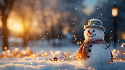 Winter holiday christmas background banner with cute funny laughing snowman with wool hat and scarf, on snowy snow snowscape and bokeh light - Powered by Adobe