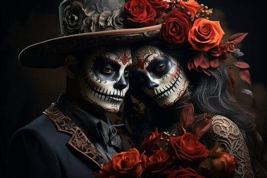 Portrait of couple dressed as catrina, skull to honor the dead in Mexico. Dressed with white face, black eyes and a bouquet of red roses