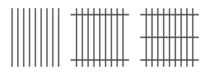 Set of prison bars. Realistic vertical and horizontal metal jail bars, iron grid mesh of crossed rods, gaol lattice from pipes for arrest and punishment of criminals in jailhouse. Vector illustration