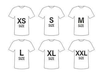 Size range of clothes. Labels or templates with XS, S, M, L, XL, XXL sizes. Sizes of t-shirts stickers set. Clothing size label or tag. Vector illustrationPrint