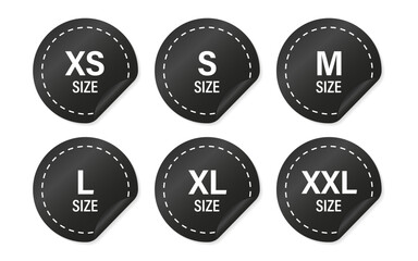 Clothing size stickers set. XS, S, M, L, XL, XXL tags. Black sticker isolated on white background. Vector illustration