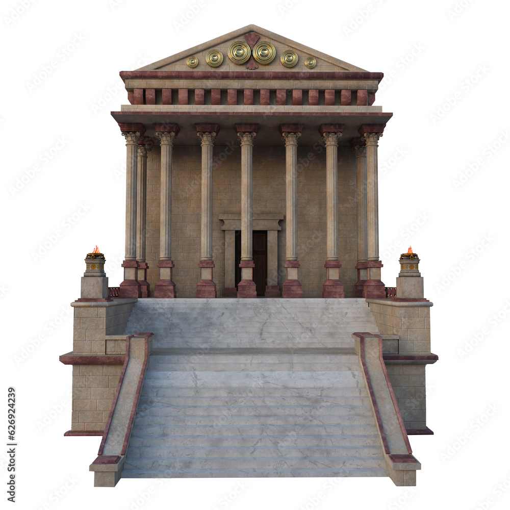 Poster Isolated 3D rendering of an ancient Roman temple or house with stone staicase and columns.