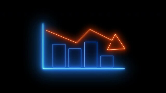 Glowing neon line of virtual graph with down arrow isolated on transparent background. Money, profit, investment, growth business, economy, finance and success concept. 4K motion graphic animation.