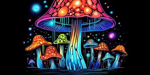 AI Generated. AI Generative. Neon light bright draw paint ink art mushroom in psychedelic style.  Graphic Art