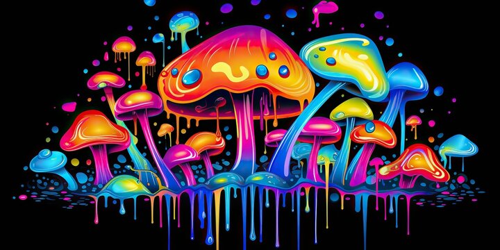 AI Generated. AI Generative. Neon light bright draw paint ink art mushroom in psychedelic style.  Graphic Art