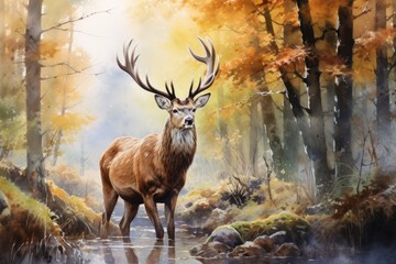 Watercolor deer in the forest. Beautiful illustration picture. Generative AI © standret