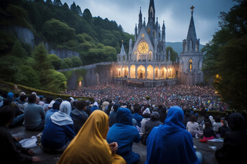 A mesmerizing image of pilgrims gathering at the sacred site of Lourdes, seeking healing and spiritual solace Generative AI