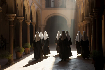 A captivating image of a group of nuns in traditional habits, walking gracefully through a sunlit courtyard Generative AI