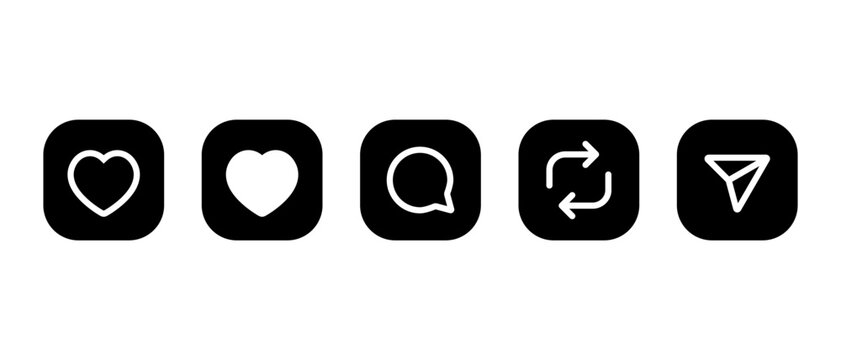 Like, comment, repost, and share icon vector in square background. Social media elements inspired by threads app