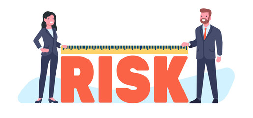 Fototapeta premium Risk miscalculation in business. Businessmen measure probability of failure with ruler. Man and woman in suits. Finance insurance. Hazard measurement. Investment manage. Vector concept