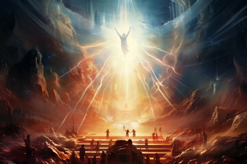 A breathtaking depiction of the Resurrection, with Jesus emerging from the tomb in a burst of divine light Generative AI