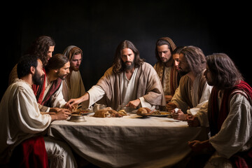 A captivating depiction of a reenactment of the Last Supper, with actors portraying Jesus and his disciples in a moving tableau Generative AI