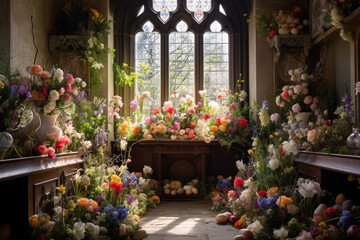 Fototapeta na wymiar A visually elaborate scene of a jubilant Easter Sunday Mass, with a vibrant floral display and jubilant singing Generative AI