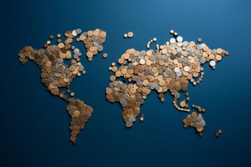 World map made of coins. Beautiful illustration picture. Generative AI