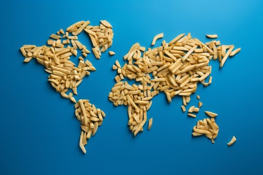 World map made of french fries. Beautiful illustration picture. Generative AI