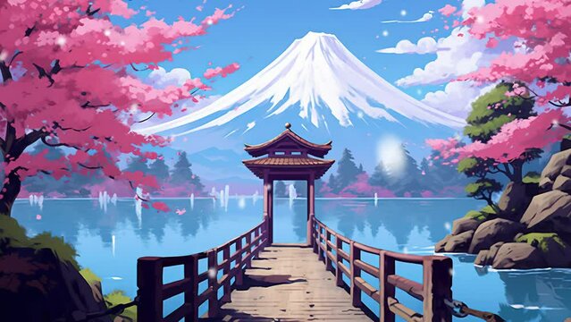 Beautiful mountain background, Japanese temple with lake, tree flowers, animated video footage