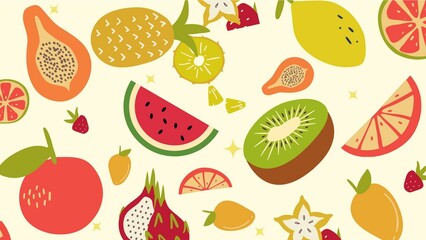 Tropical fruit kiwi papaya pineapple dragon mango illustration seamless pattern with colorful vector for backdrop prints social media apps cover wallpaper banner