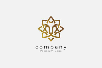 Lion Head Logo Design, minimal lion head with gold colour isolated on white background, vector illustration